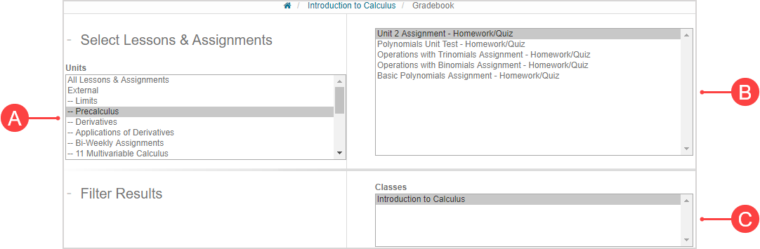 The units, activities, and classes lists are shown that are used to select where the question is contained.
